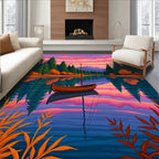 Serene Lake Boat Sunset Forest Reflection Rug