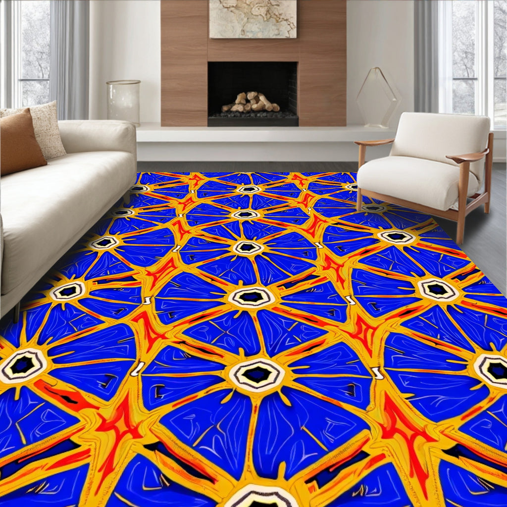 Vibrant Blue Yellow Starburst Medallion Rug
