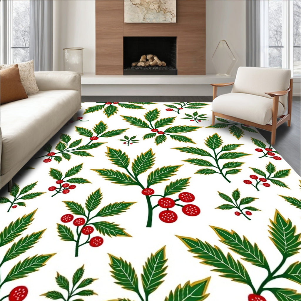 Green Red Holly Berries Foliage Rug