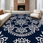 Navy White Intricate Floral Medallion Rug