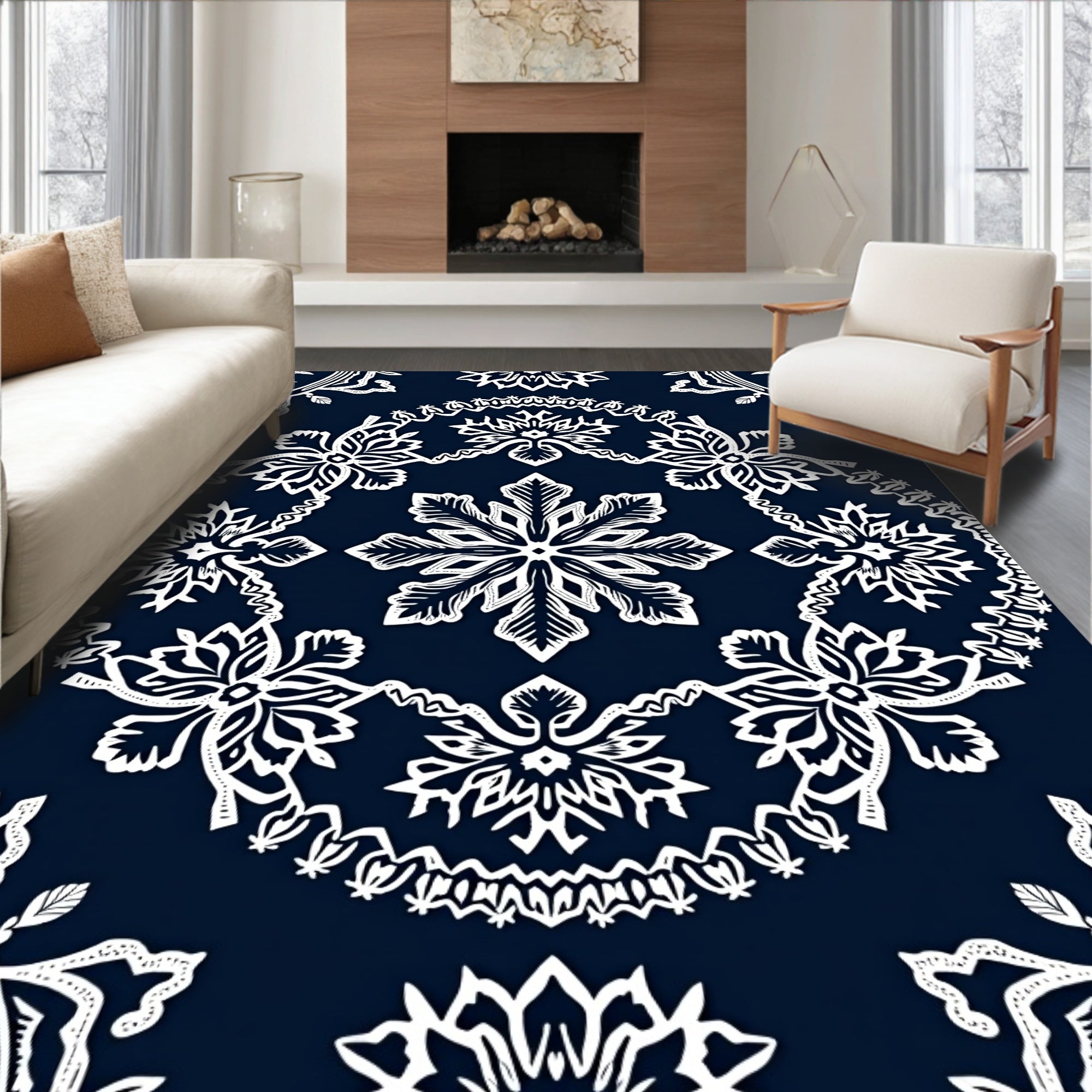 Navy White Intricate Floral Medallion Rug