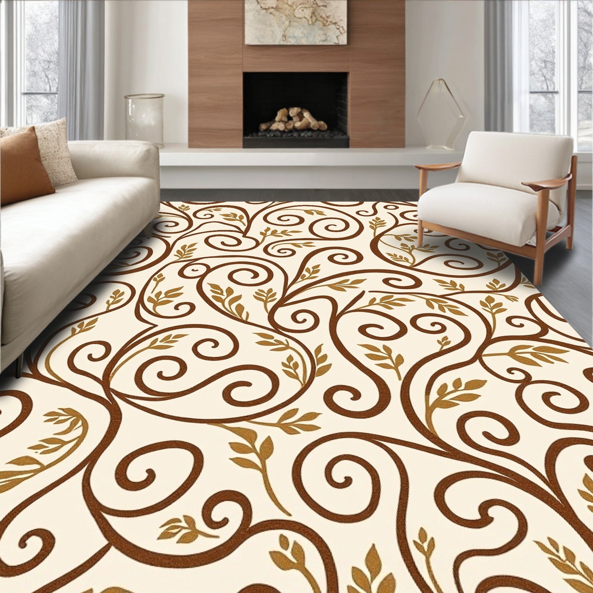 Brown Swirls Golden Leaves Vine Rug