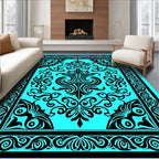 Ornate Turquoise Black Floral Border Rug