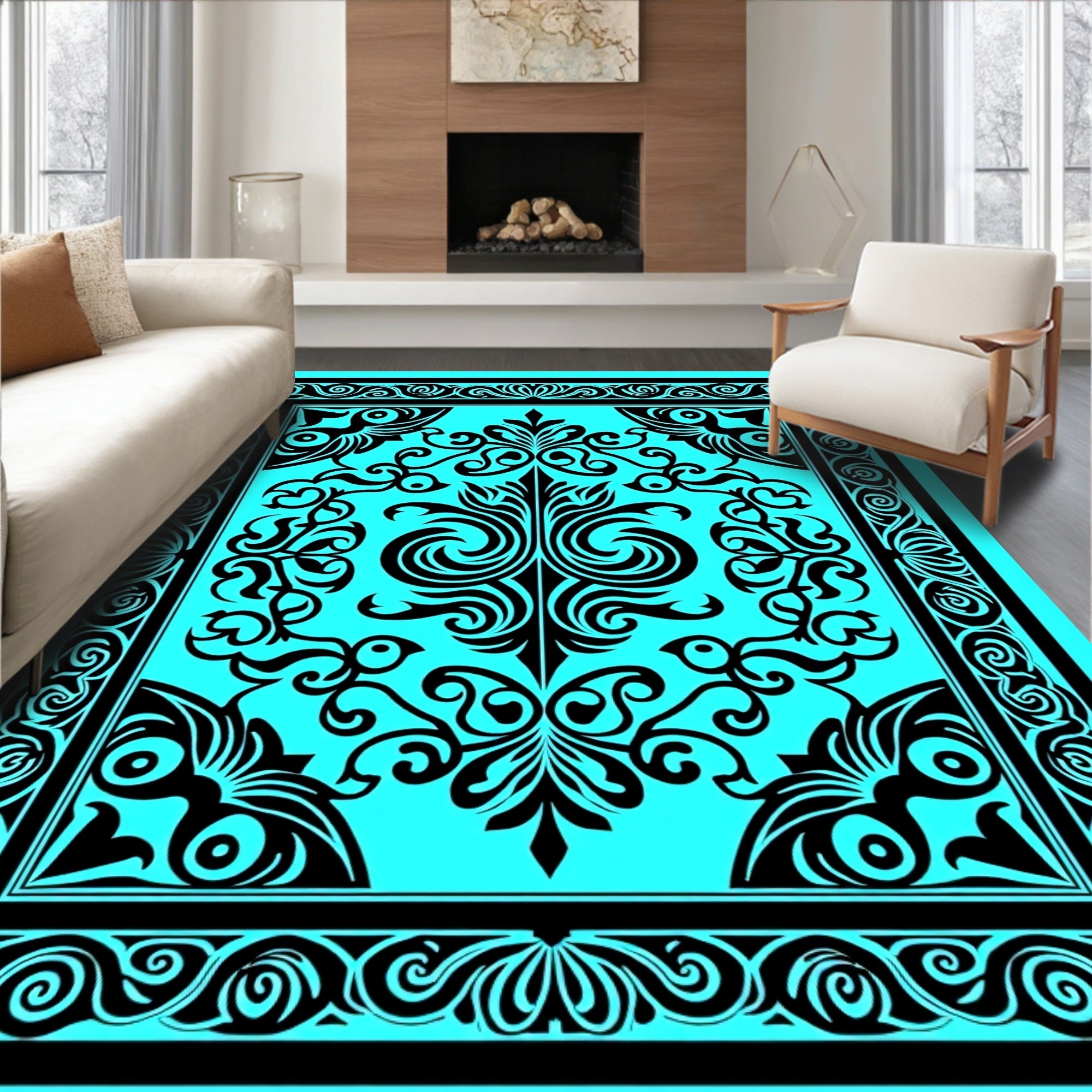 Ornate Turquoise Black Floral Border Rug