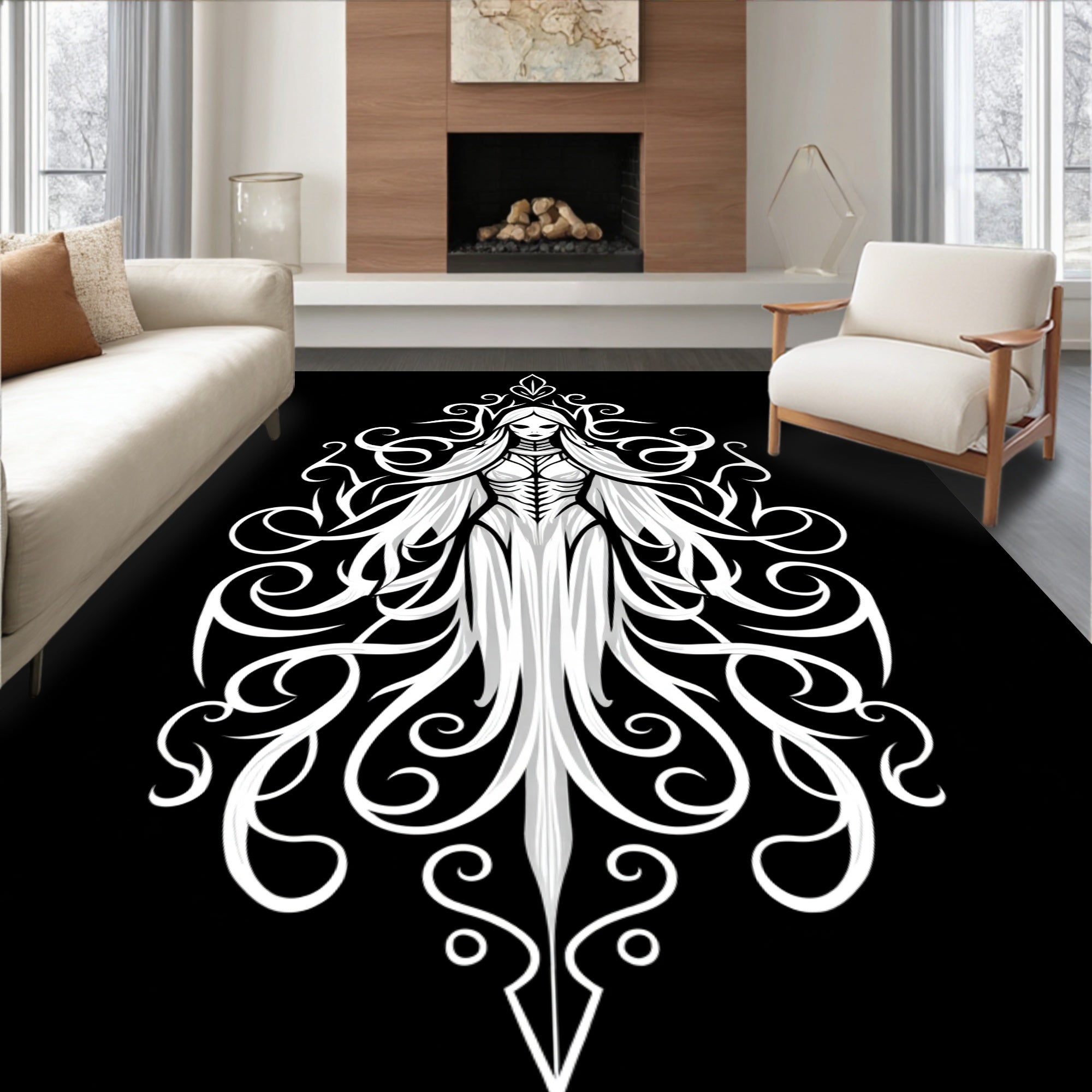 Ethereal White Gothic Figure Swirls Rug