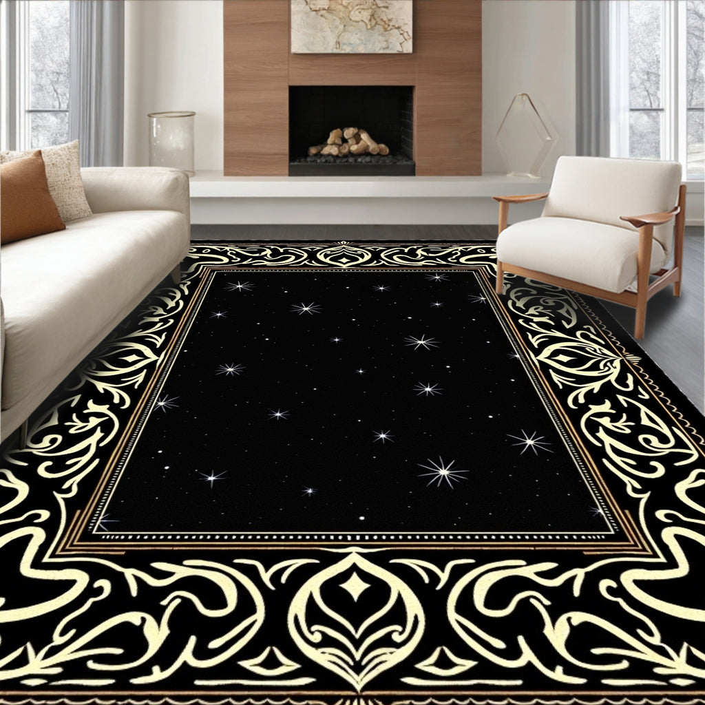 Black Sky Starry Night Floral Border Rug