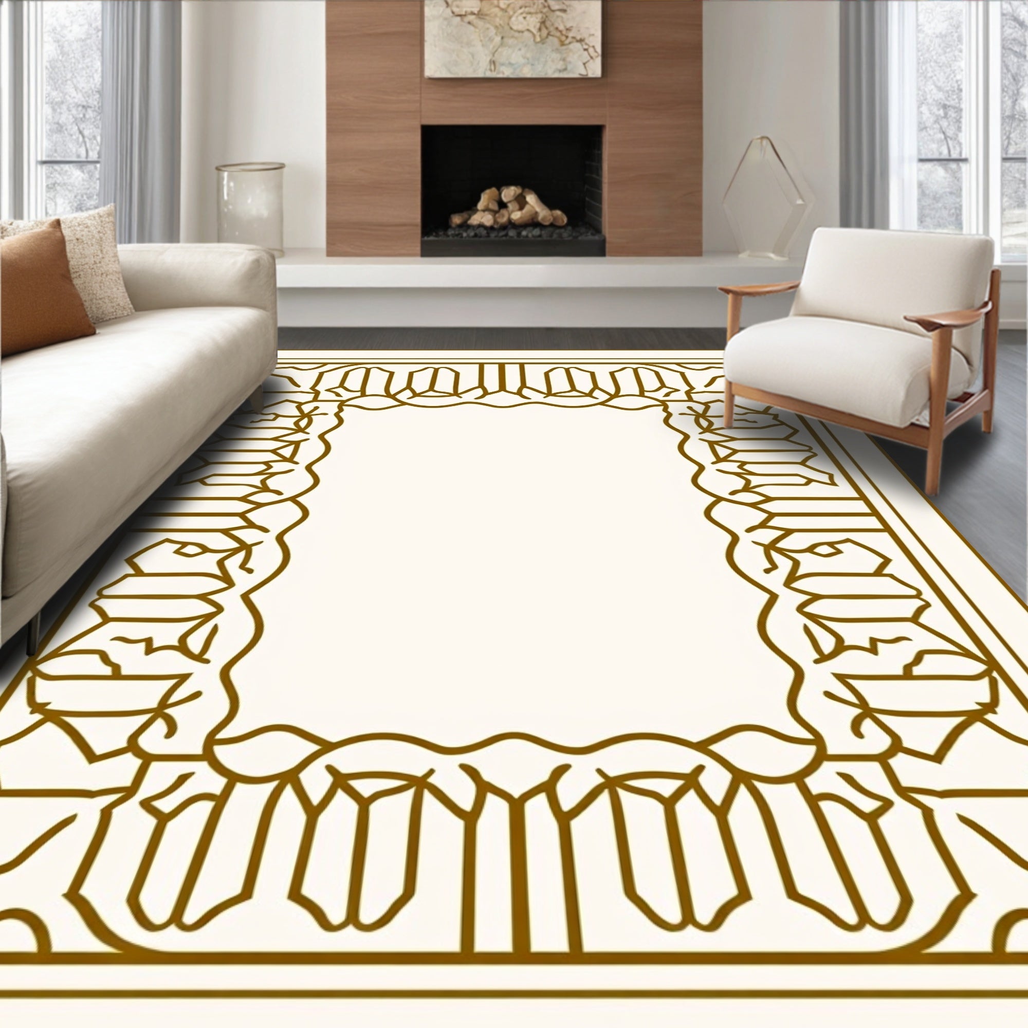 Elegant Gold Geometric Arch Border Rug