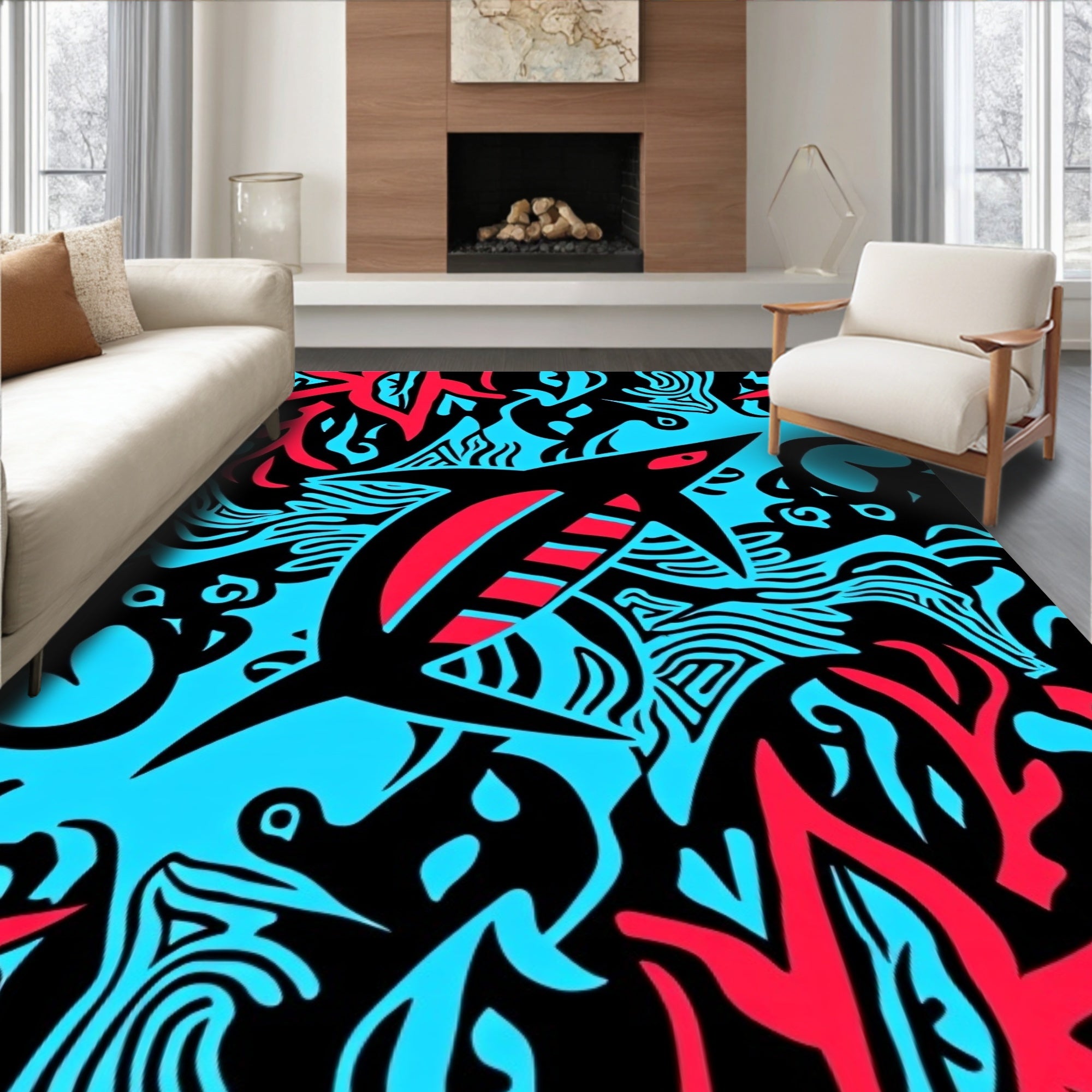 Bold Black Red Abstract Shark Rug