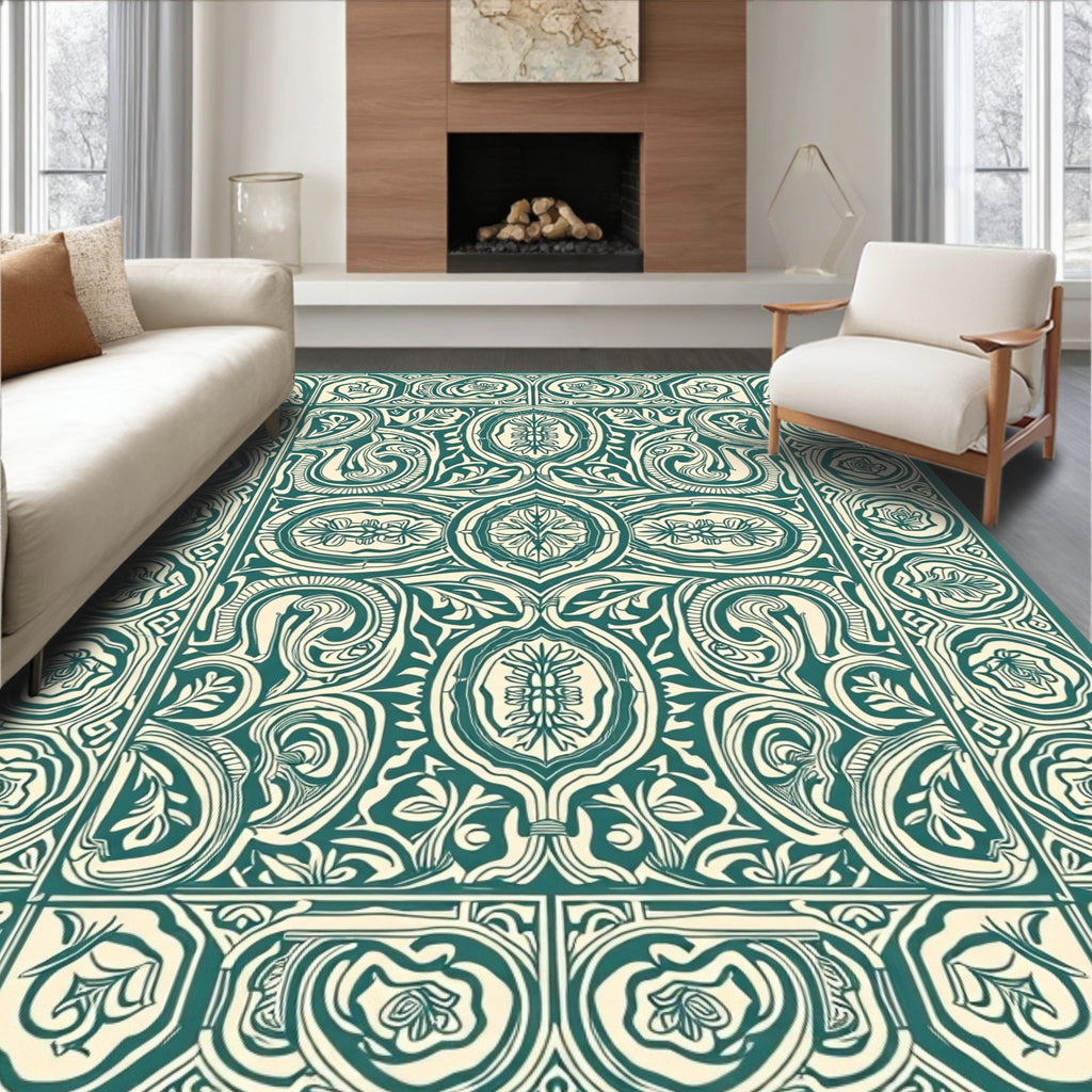 Emerald Cream Arabesque Floral Frame Rug