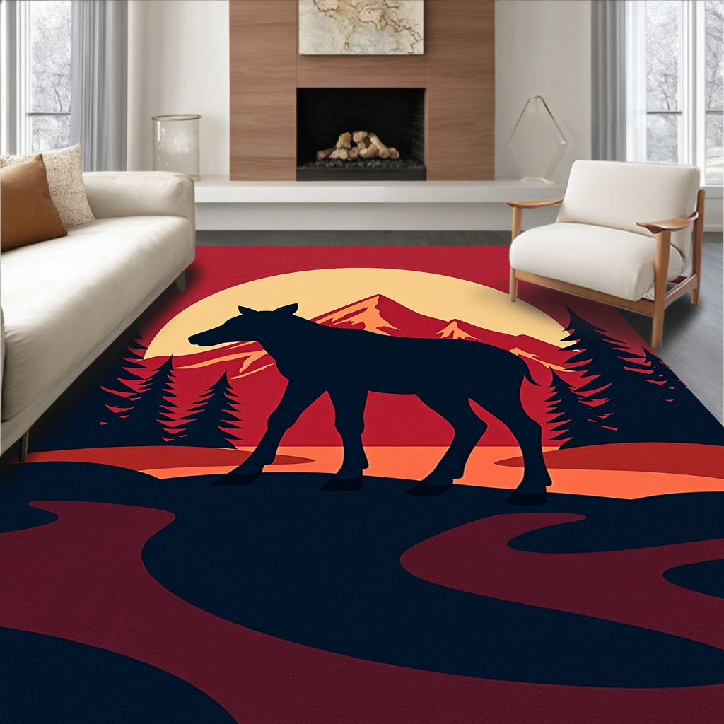 Red Sunset Moose Mountain Forest Rug