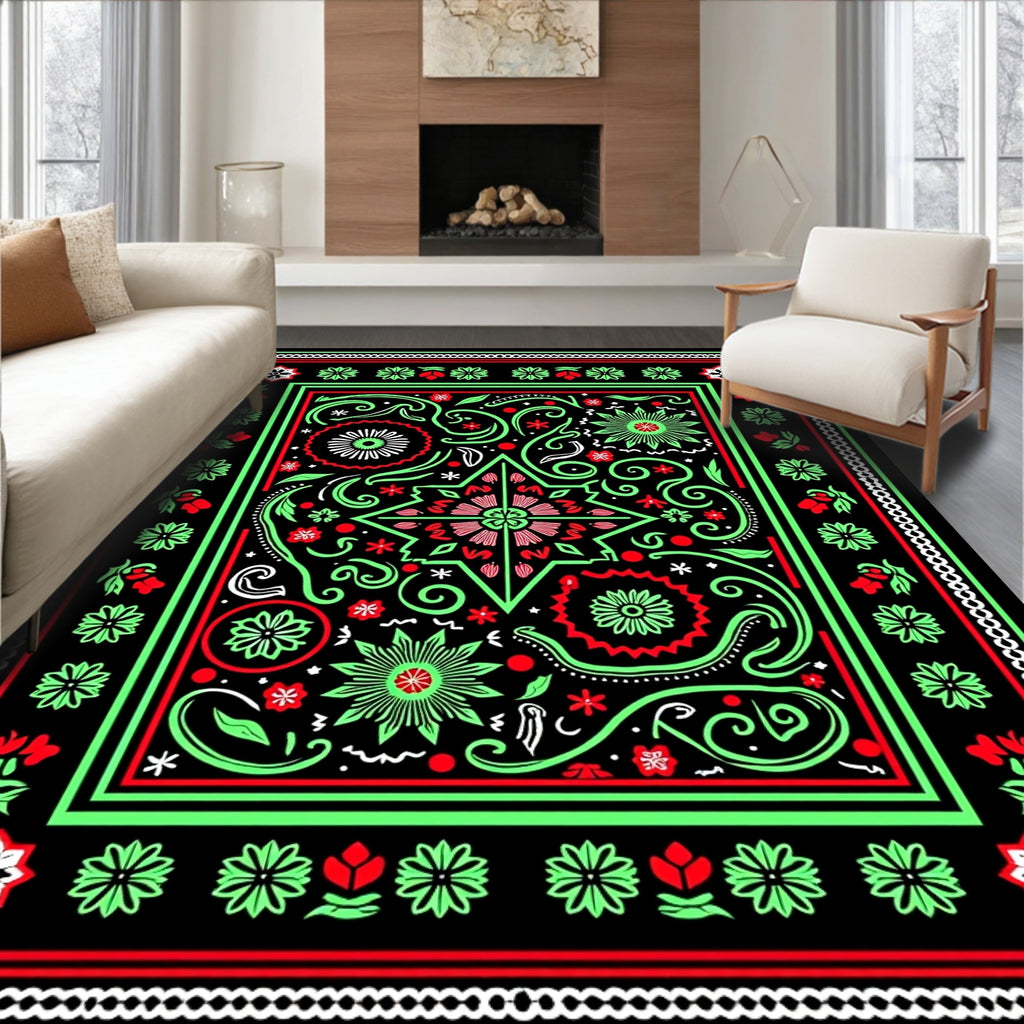 Vibrant Red Green Floral Starburst Rug
