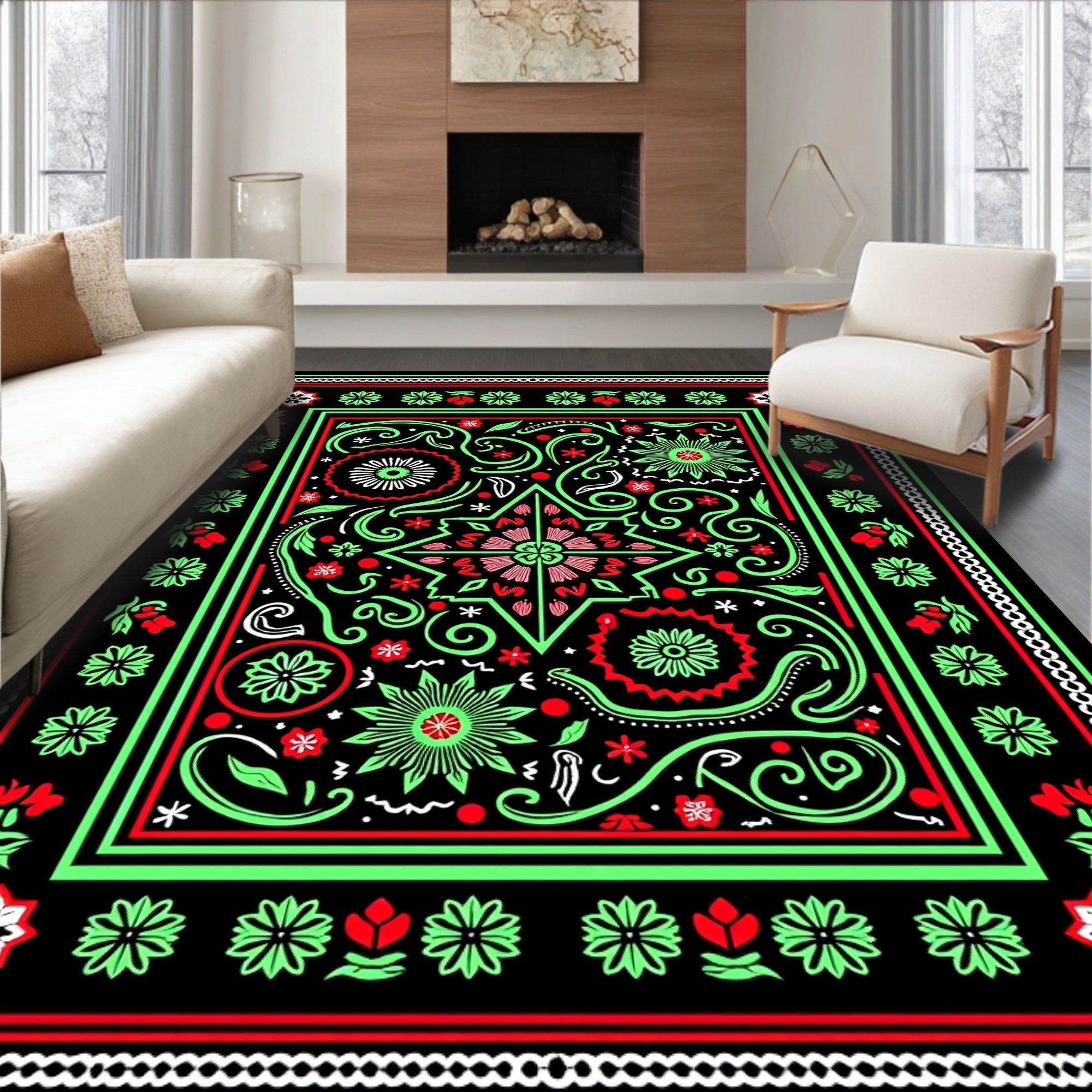 Vibrant Red Green Floral Starburst Rug