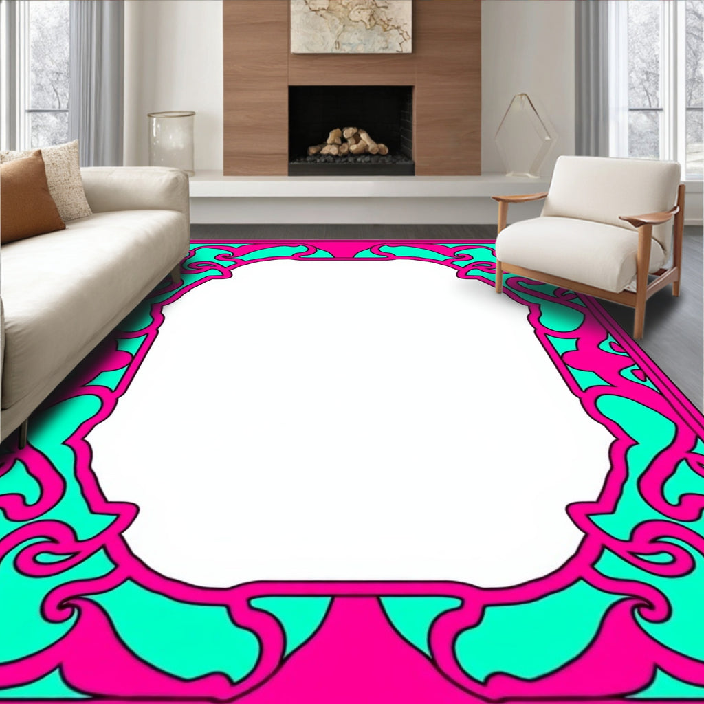 Bright Pink Teal Abstract Swirl Border Rug