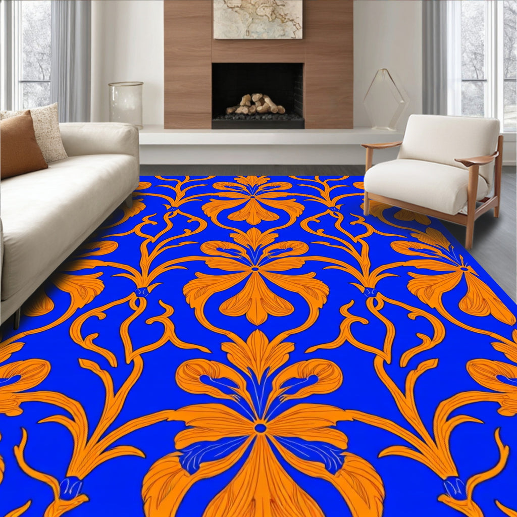 Vivid Orange Floral Swirl Blue Rug