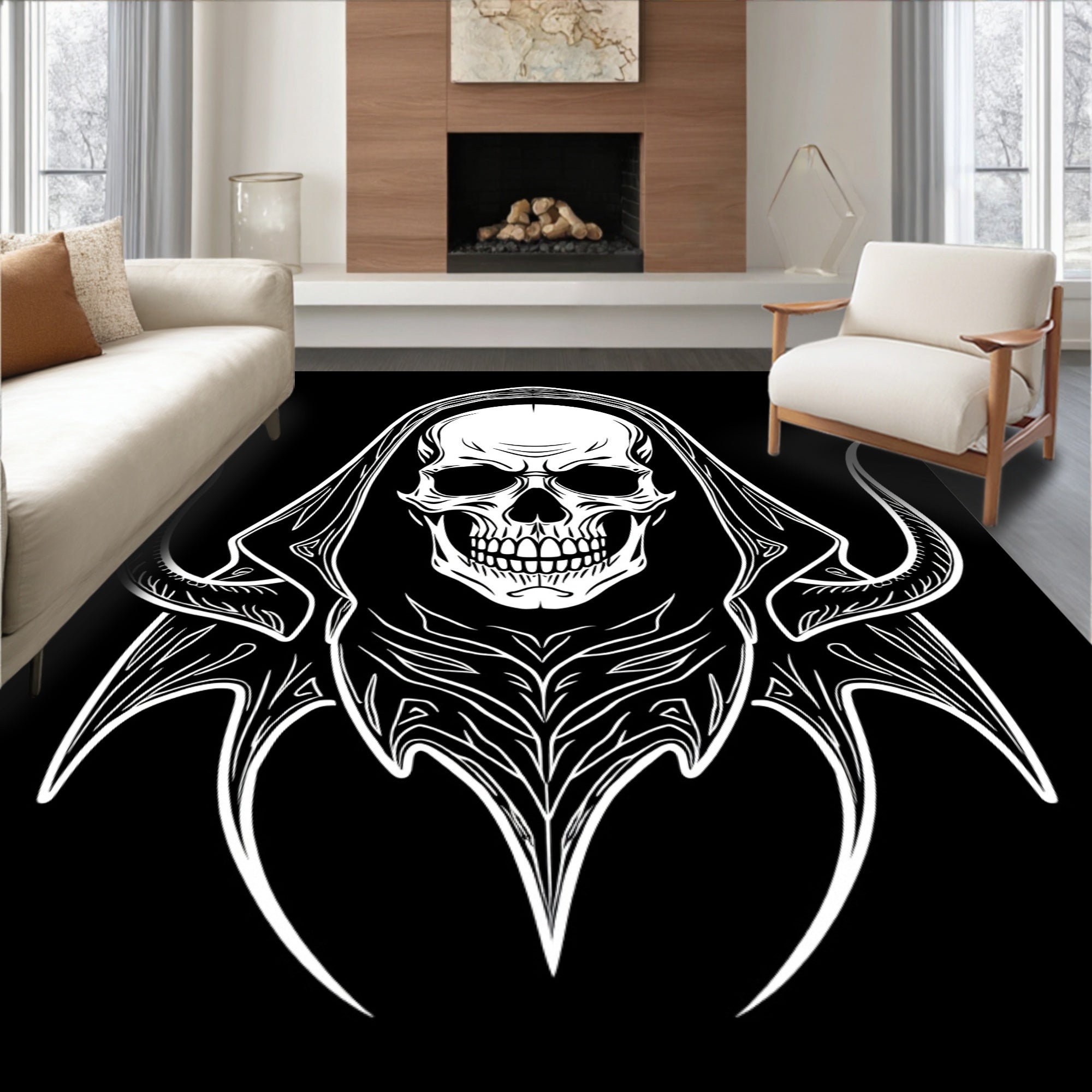 White Skull Grim Reaper Hooded Figure Rug