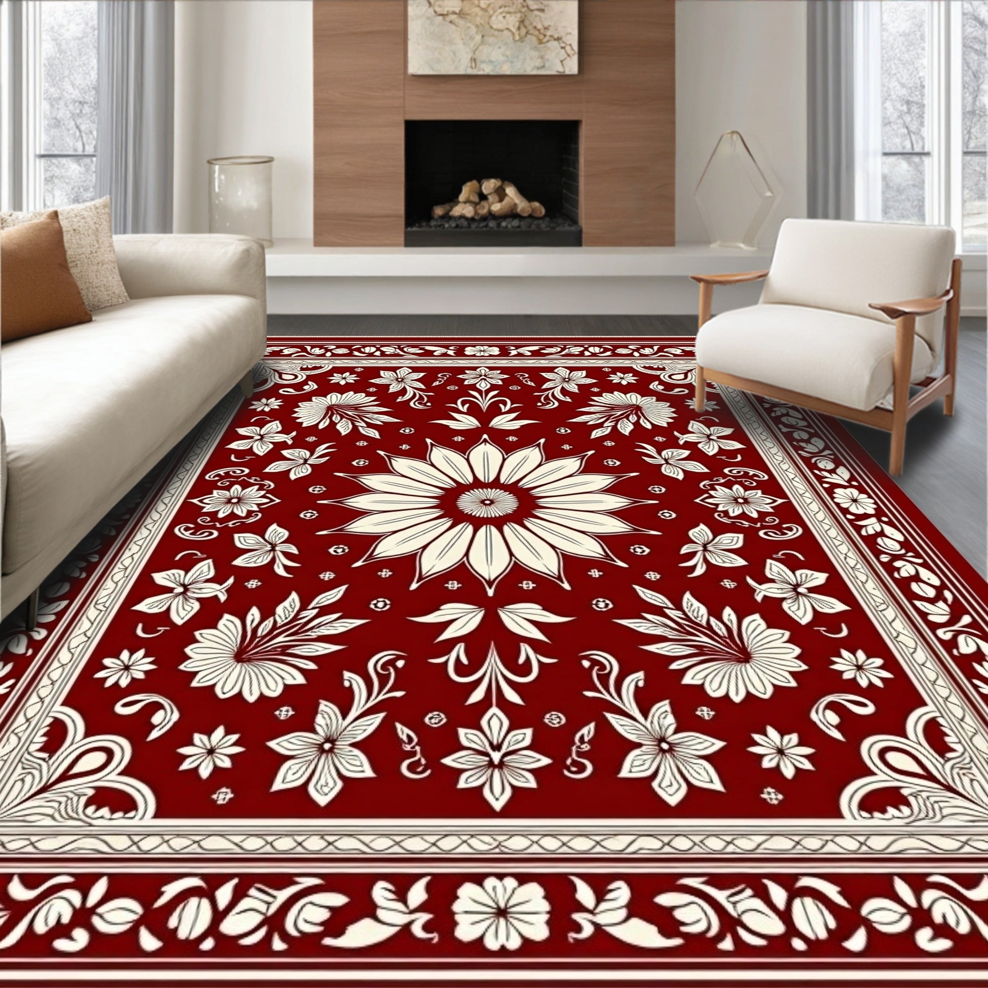 Crimson Cream Mandala Floral Tapestry Rug