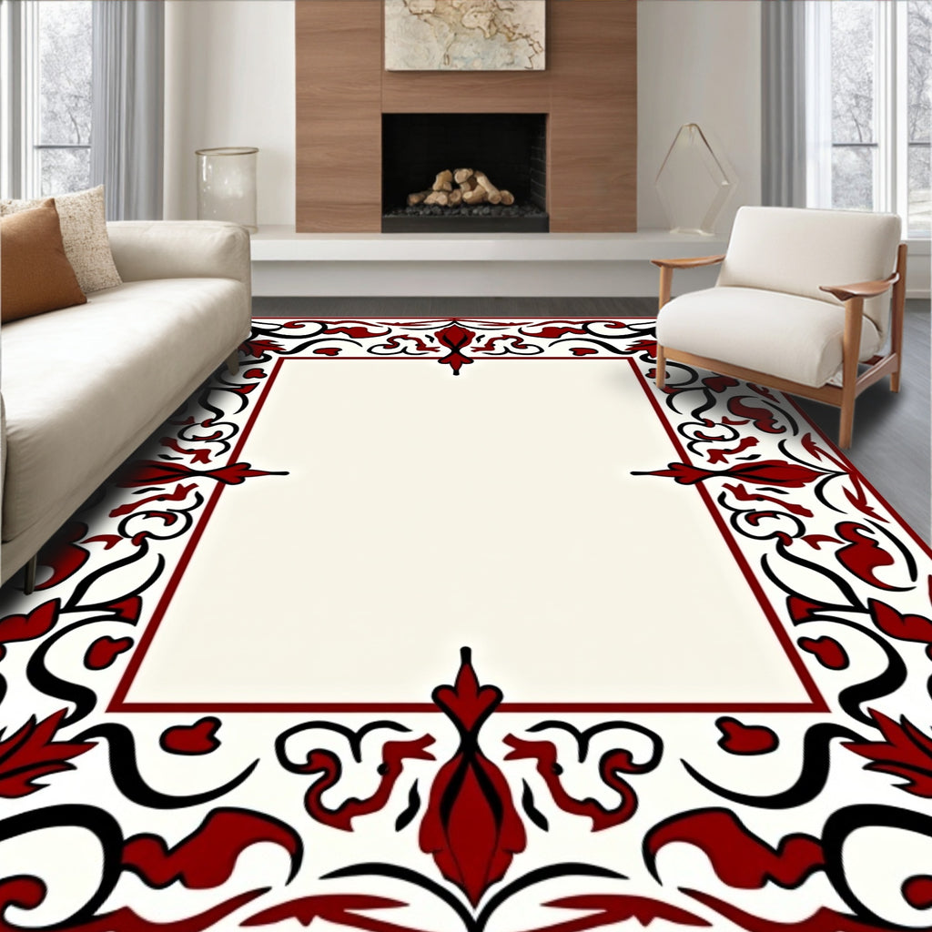 Crimson Floral Bordered Frame Rug