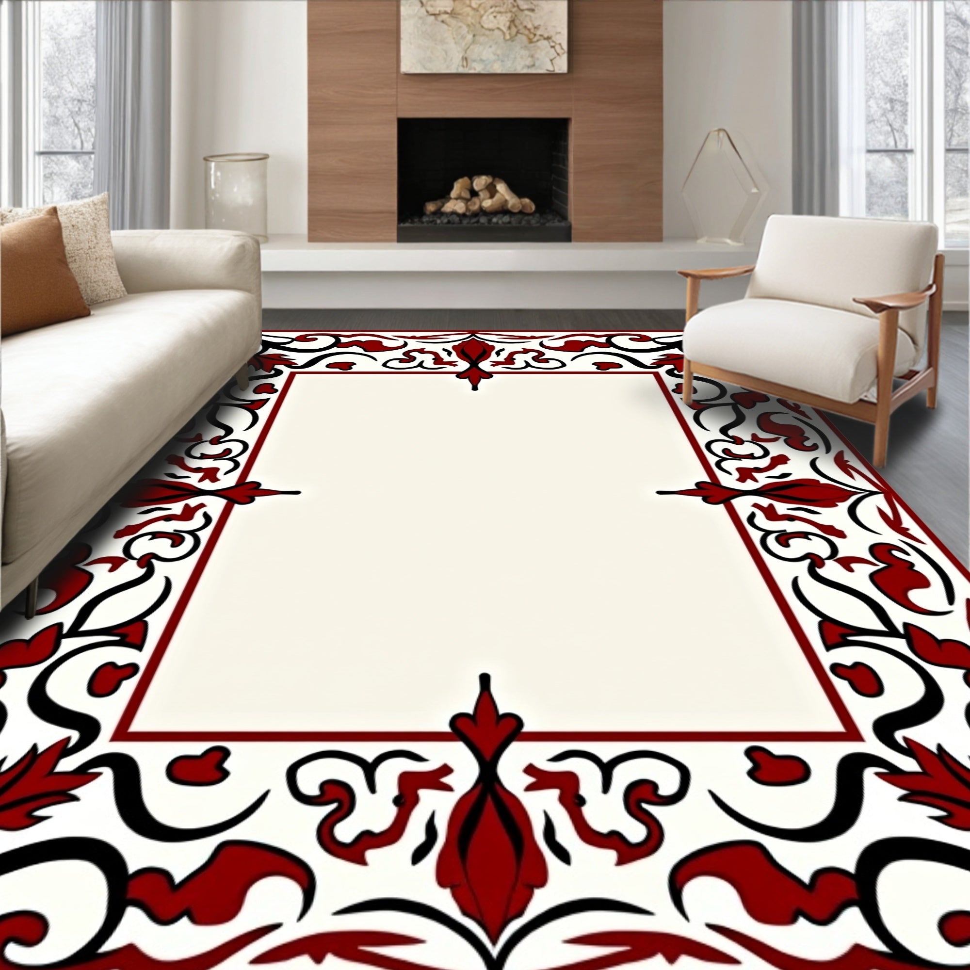 Crimson Floral Bordered Frame Rug