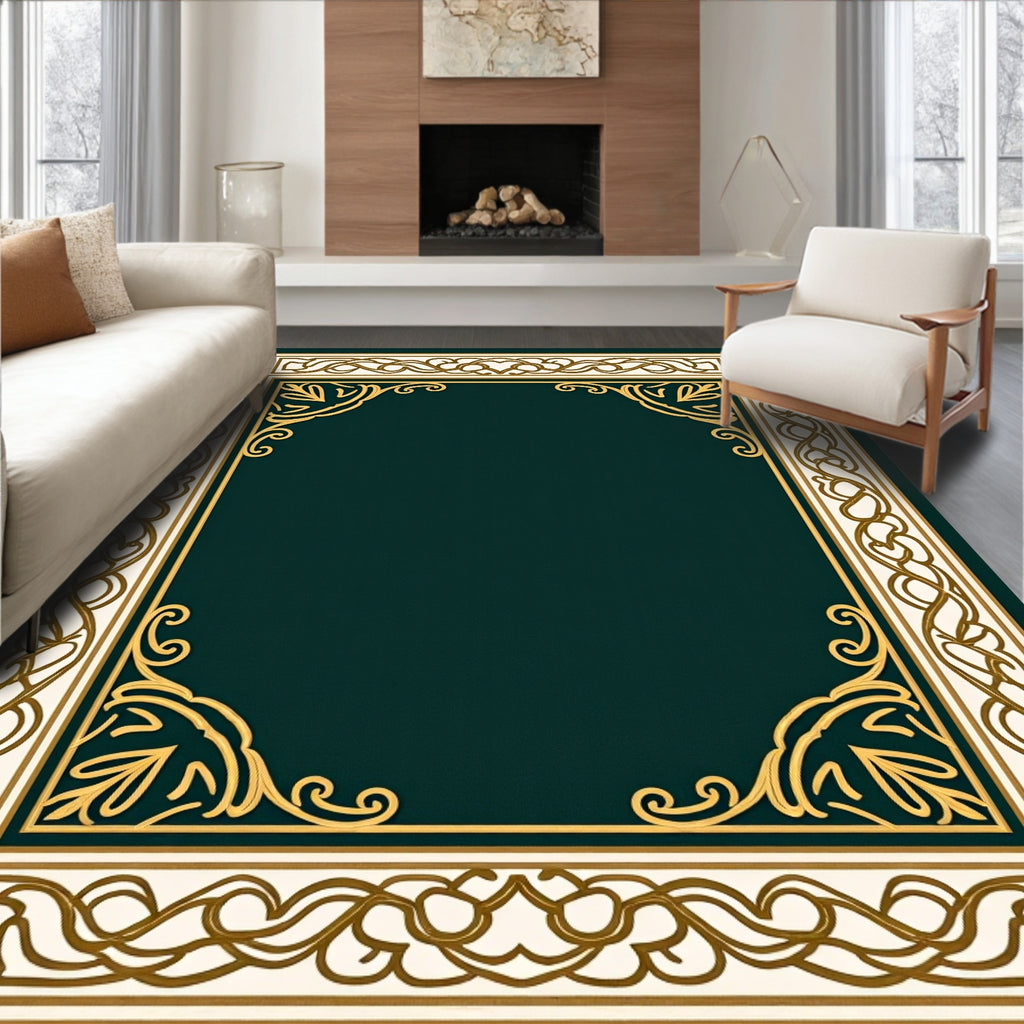 Deep Emerald Ornate Floral Border Rug