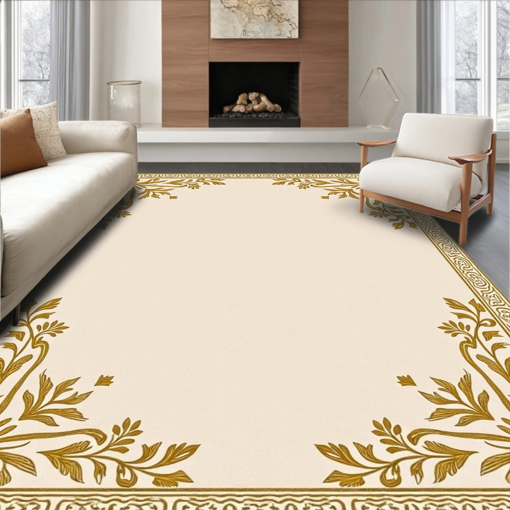 Golden Floral Bordered Linen Rug