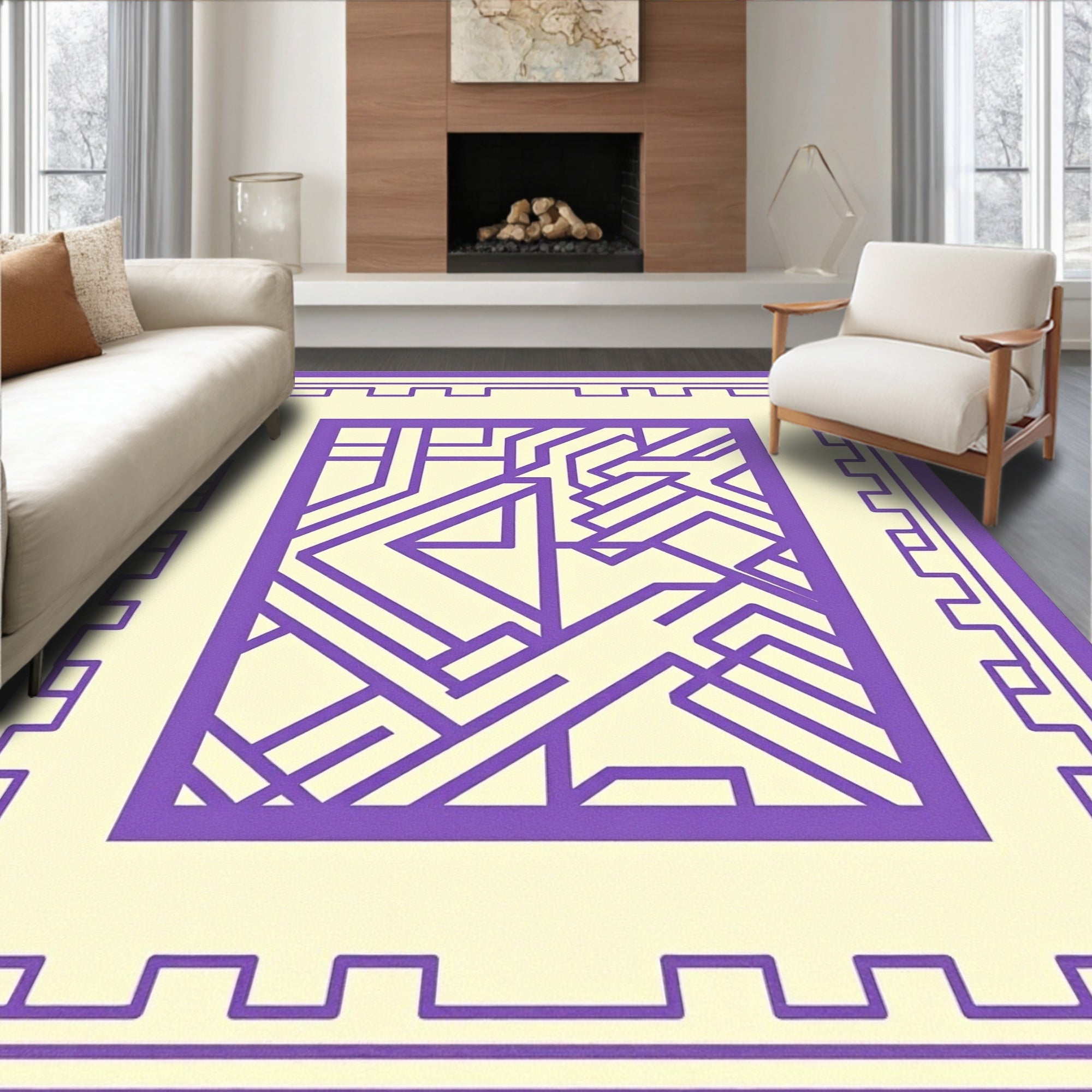 Purple Geometric Maze Cream Border Rug