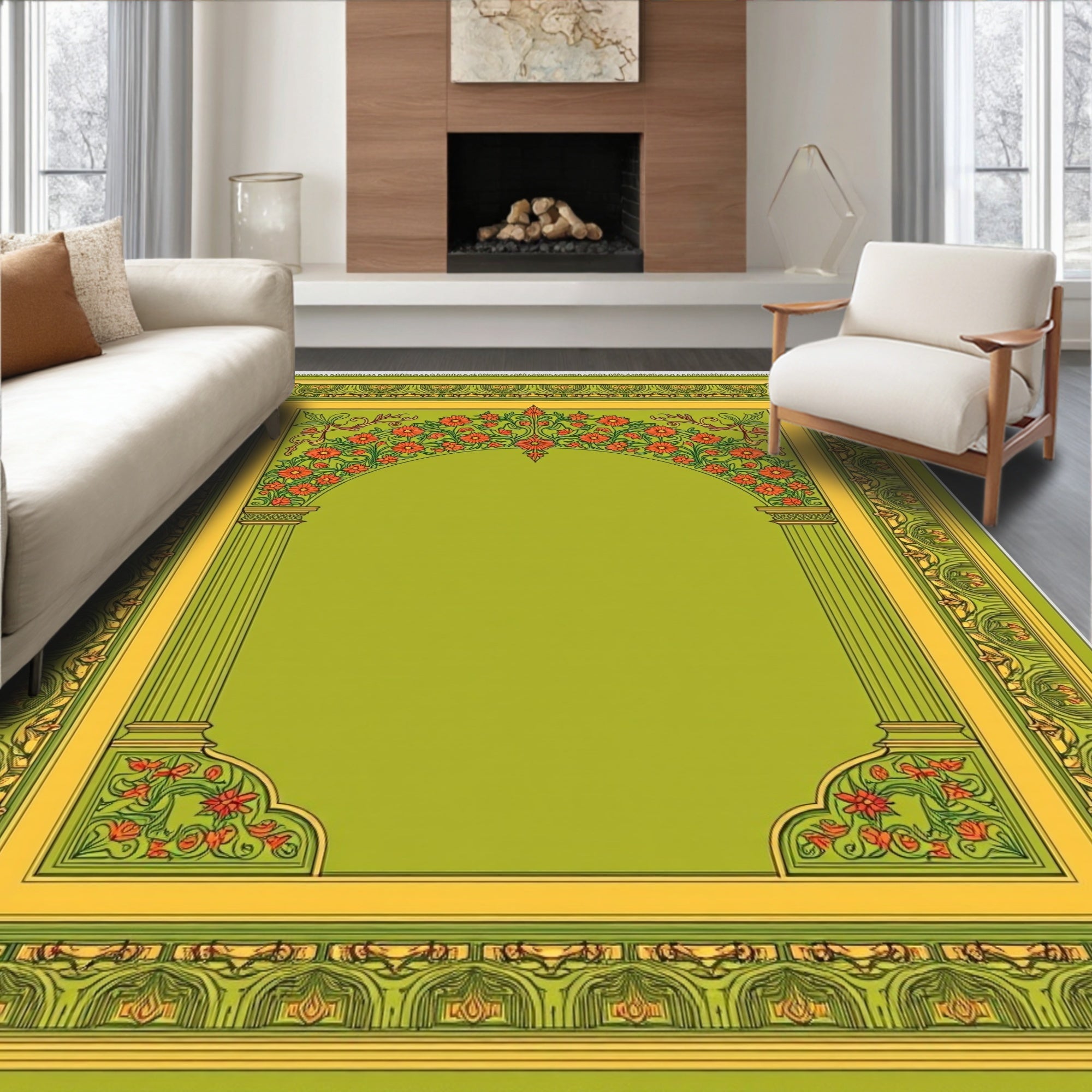 Ornate Chartreuse Floral Arch Rug