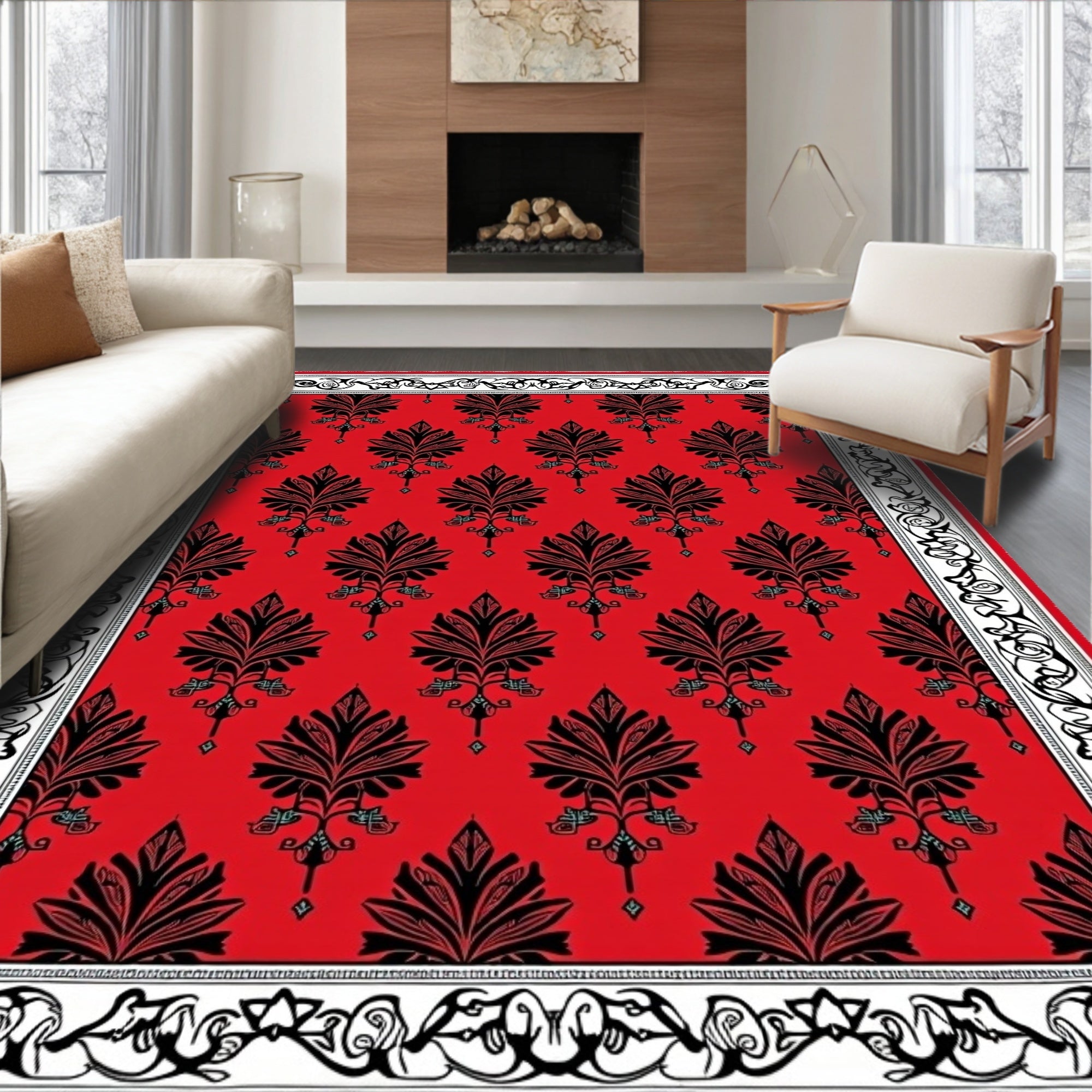 Crimson Black Floral Border Rug