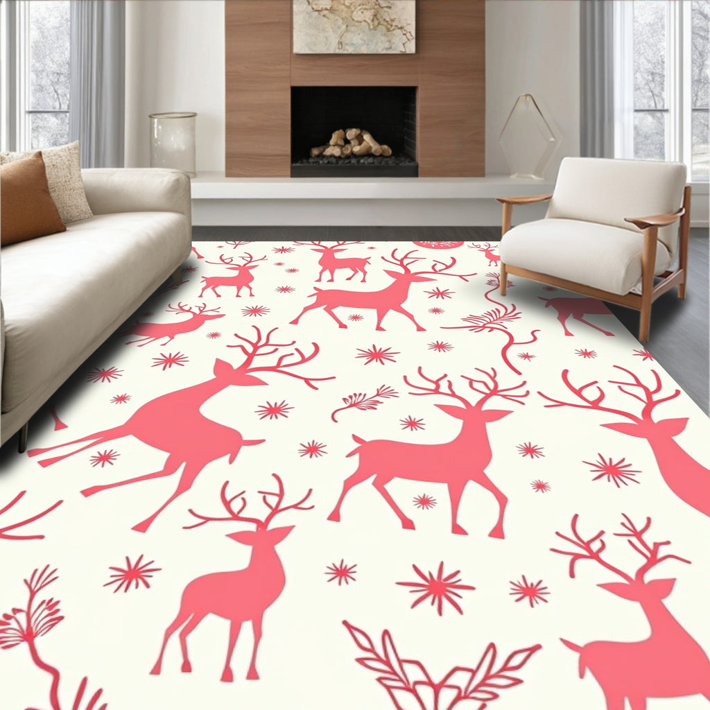 Coral Reindeer Snowflake Winter Scene Rug