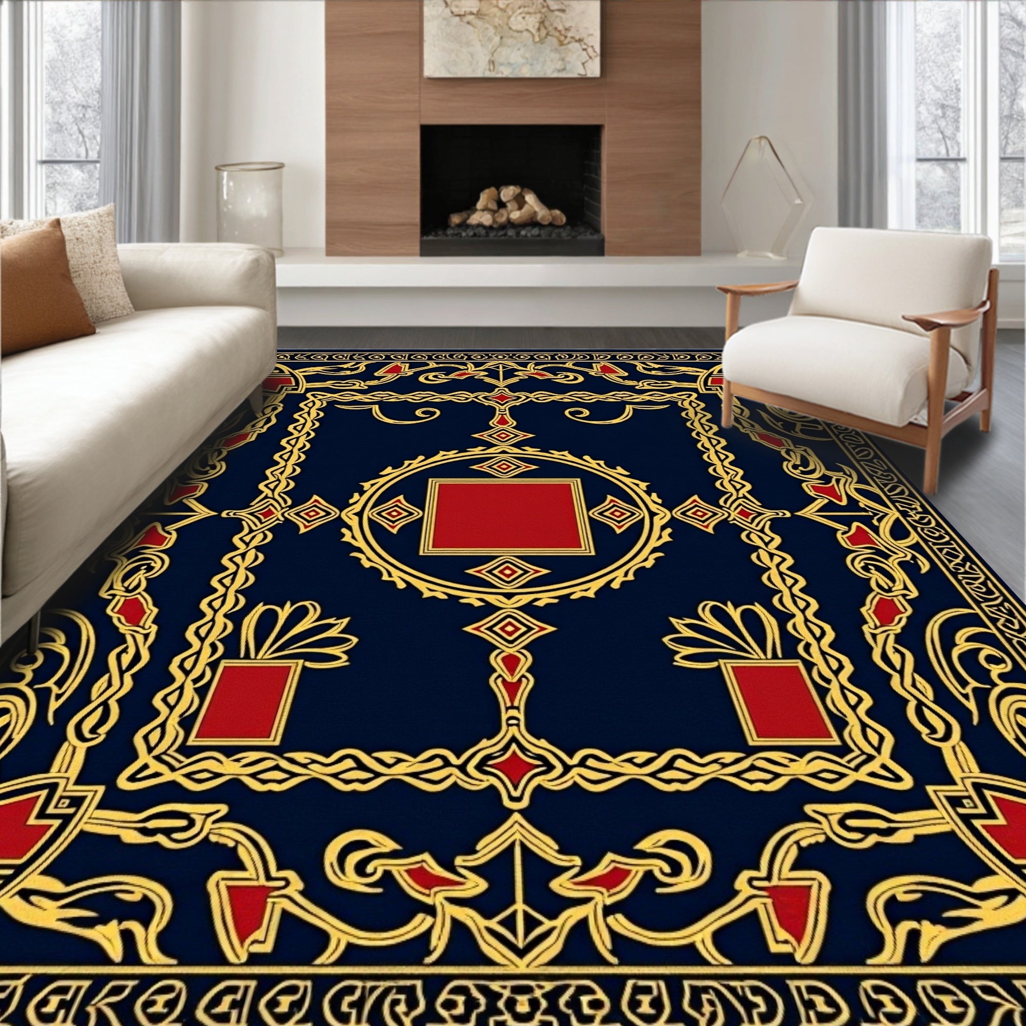 Regal Blue Gold Red Ornamented Rug