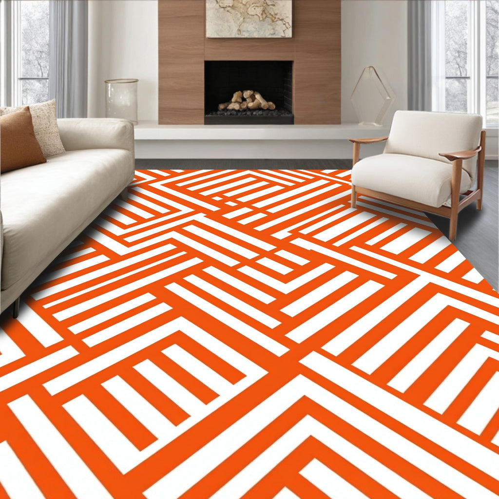 Orange White Intersecting Lines Rug