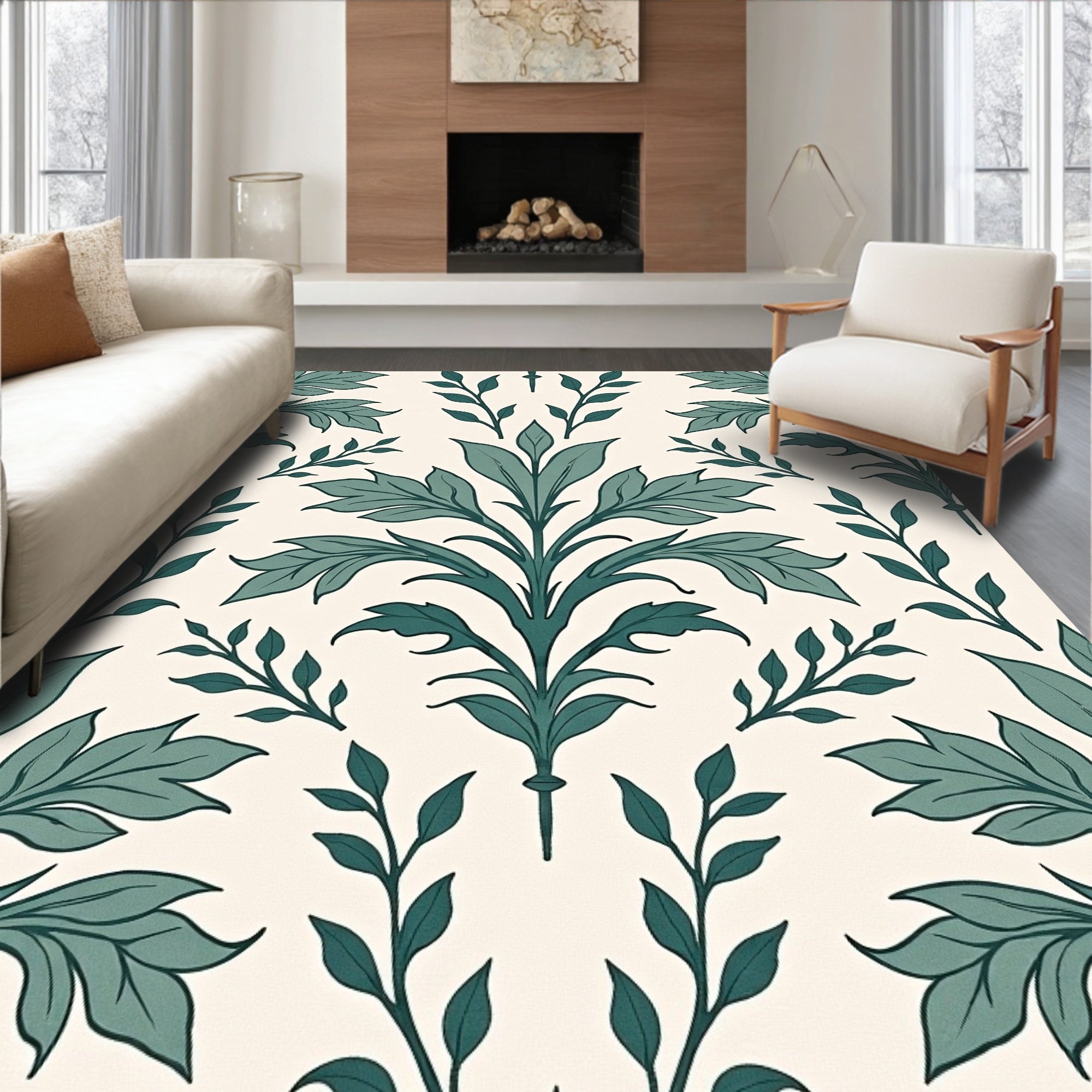 Teal Botanical Floral Garden Rug