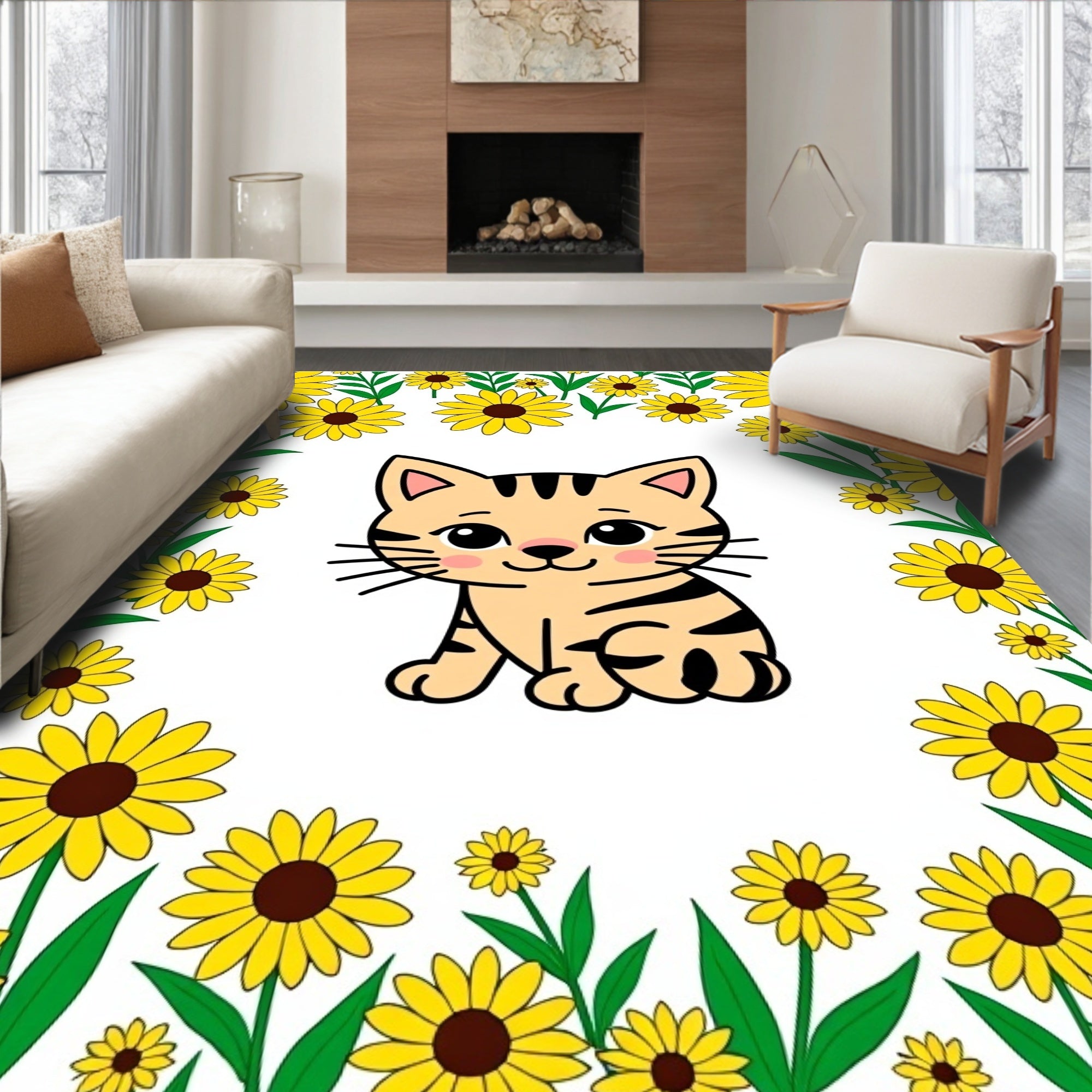 Cute Cat with Yellow Sunflower Border Rug