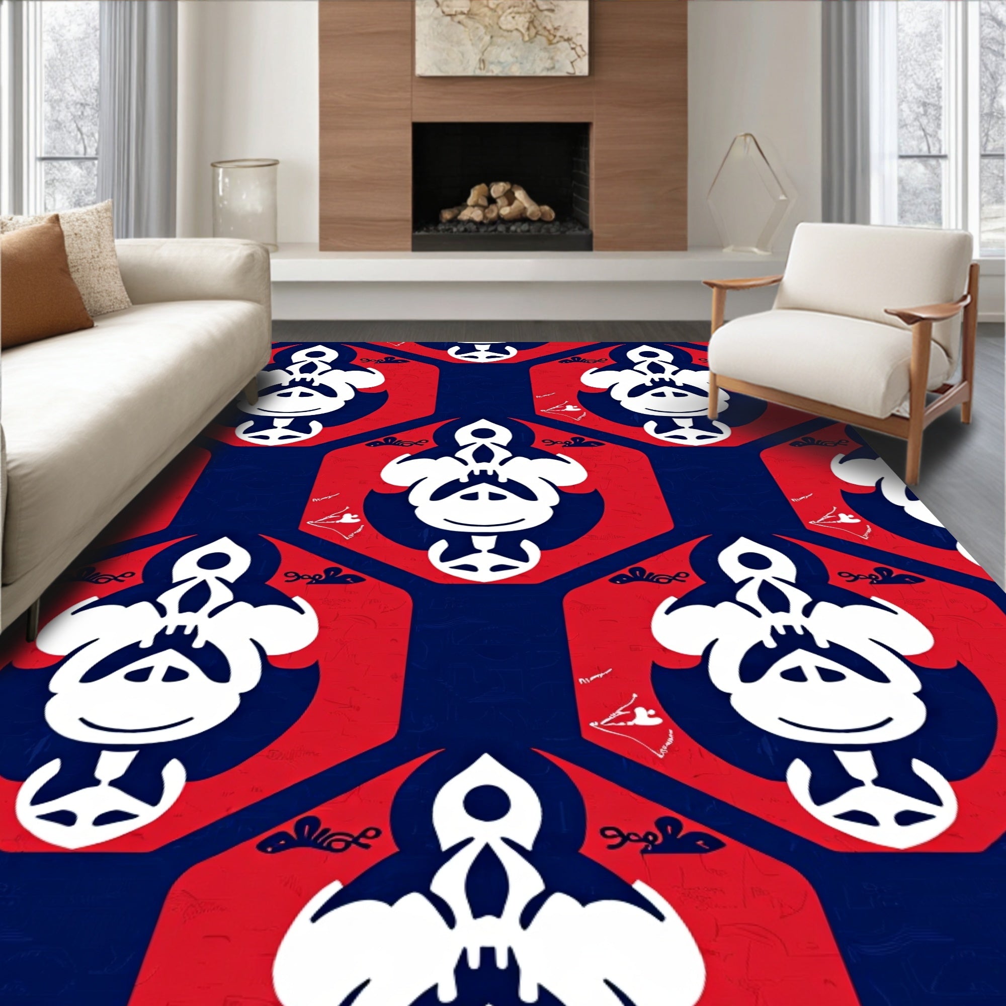 Red Blue Tonal Geometric Hexagon Rug