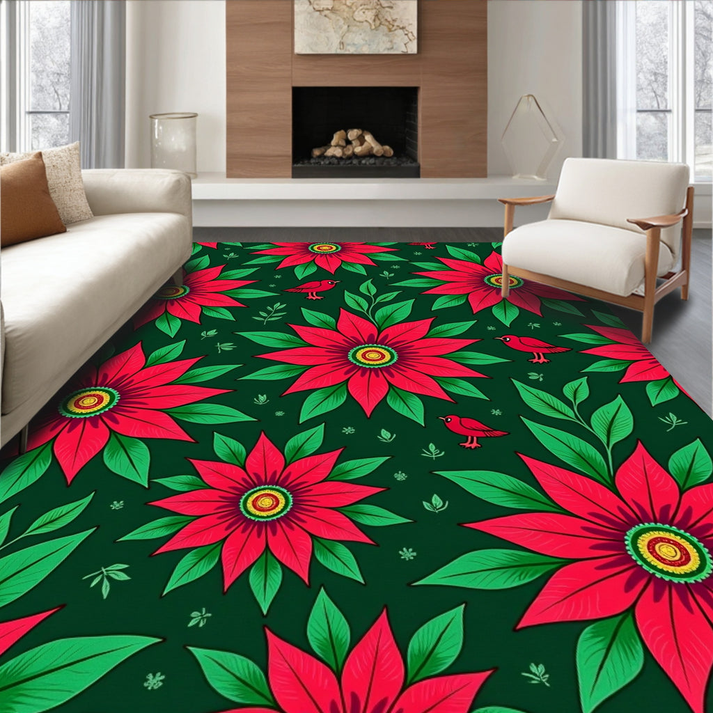 Crimson Poinsettia And Bird Medallion Rug