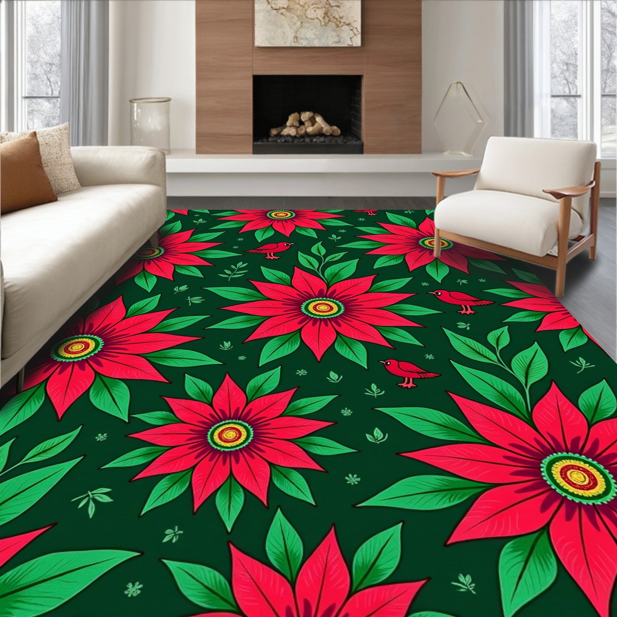 Crimson Poinsettia And Bird Medallion Rug