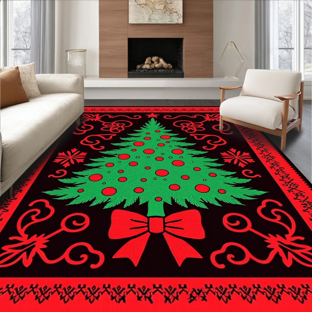 Festive Green Christmas Tree Red Border Rug