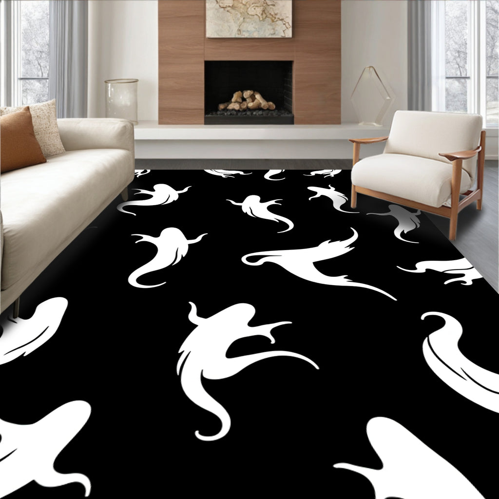 White Ghost Crowd Black Background Rug