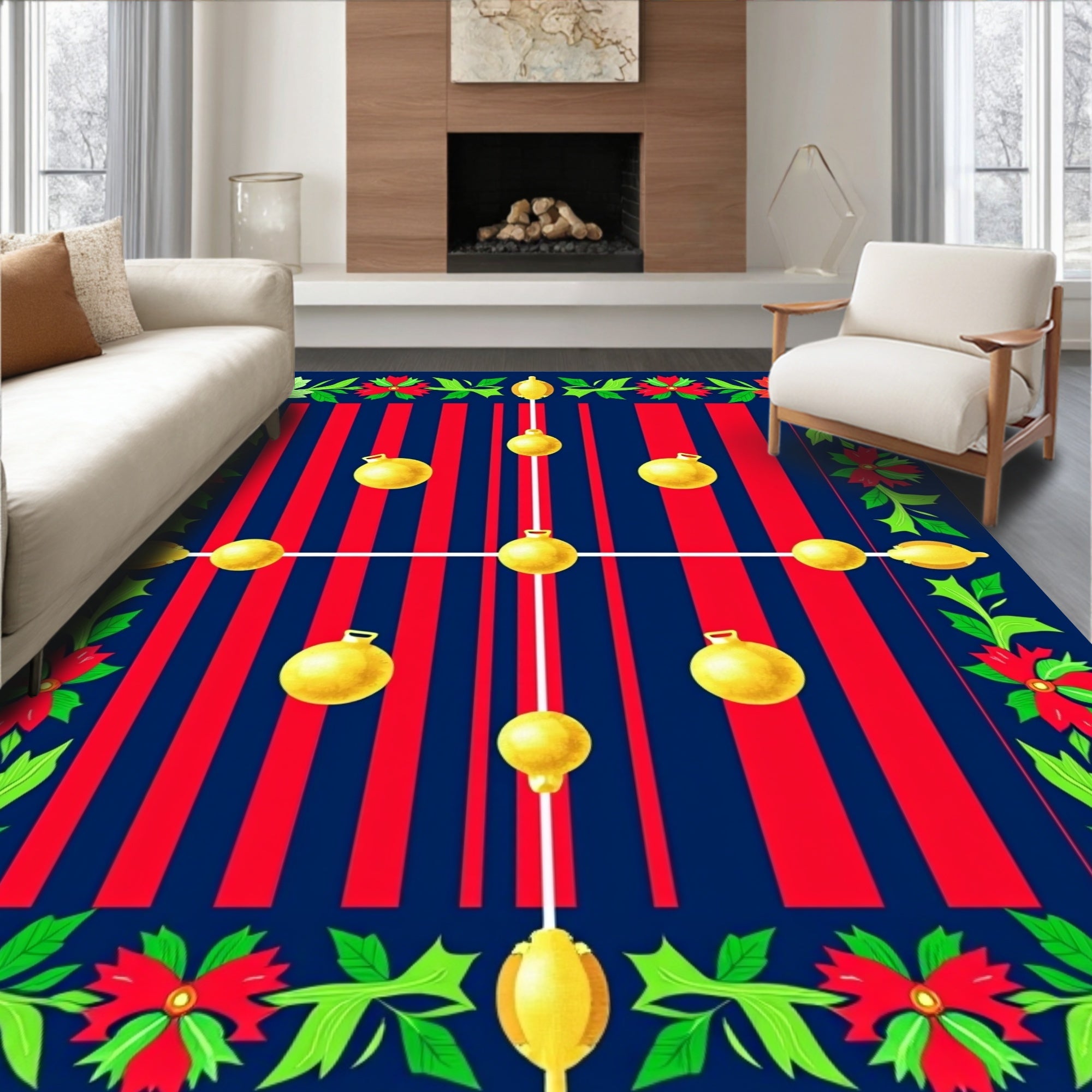 Festive Gold Bauble Poinsettia Border Rug
