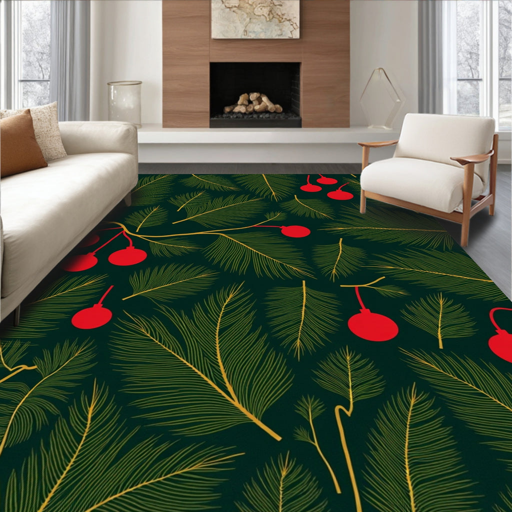 Dark Green Christmas Ornaments Pine Needles Rug