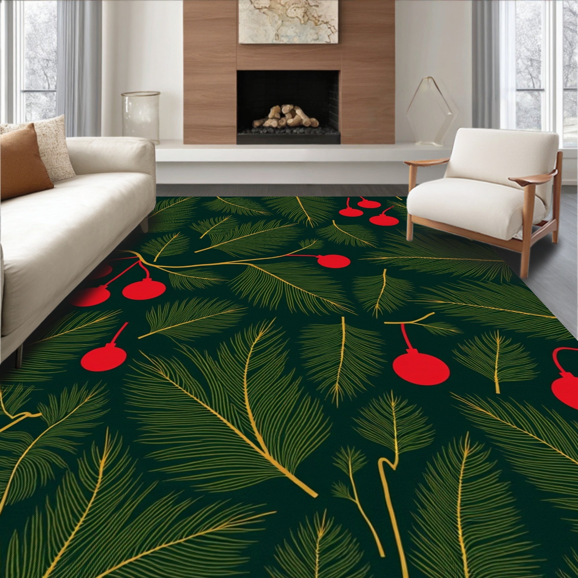 Dark Green Christmas Ornaments Pine Needles Rug
