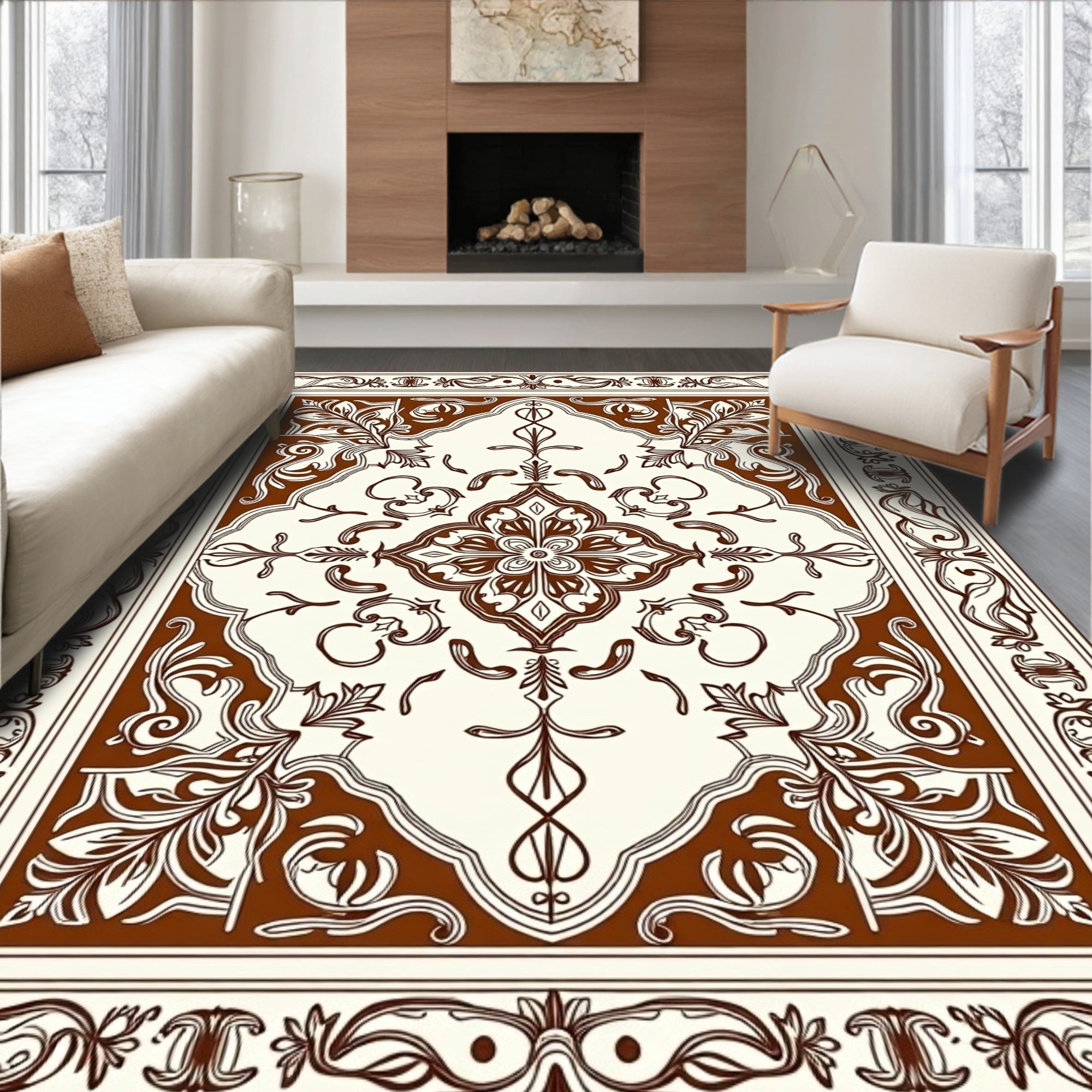 Brown and Cream Floral Medallion Frame Rug