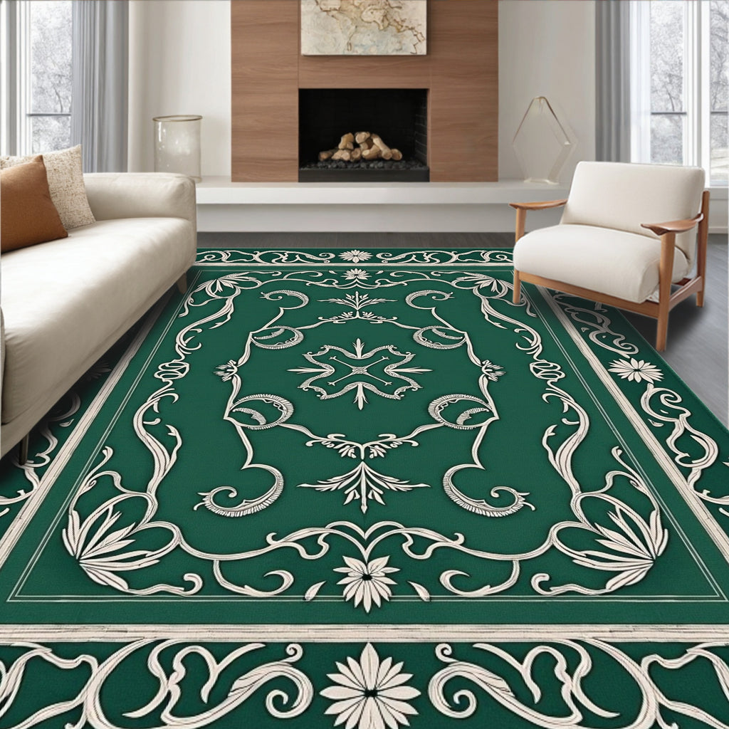 Emerald Green Ivory Floral Border Rug