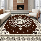 Brown Cream Floral Medallion Scrollwork Rug