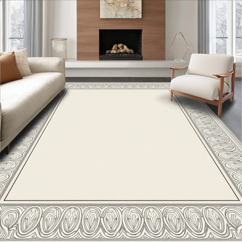 Ornate Black Ivory Leaf Border Rug