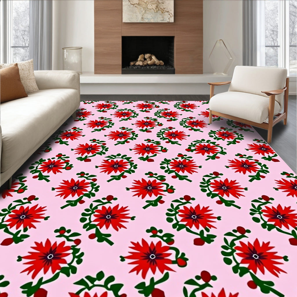 Red Floral Sprigs Repeating Pattern Rug