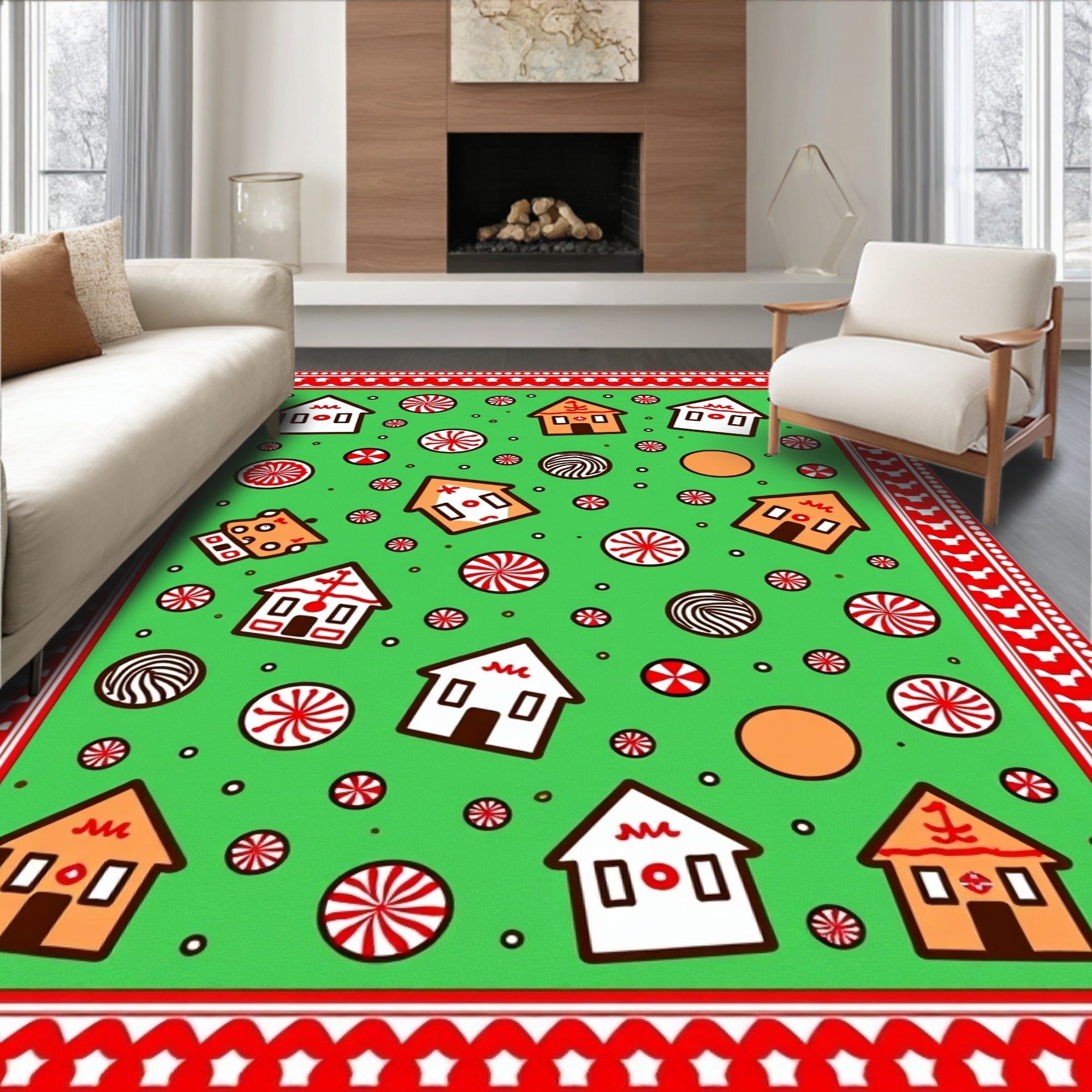 Gingerbread Houses Candy Festive Red Rug