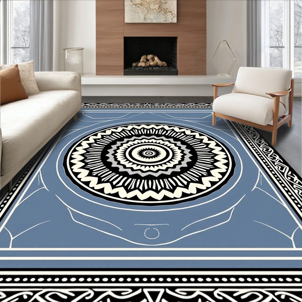Contrasting Black Cream Mandala Border Rug