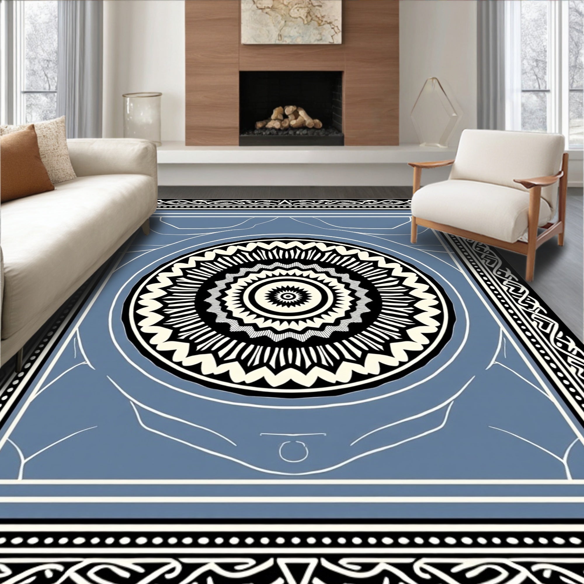 Contrasting Black Cream Mandala Border Rug