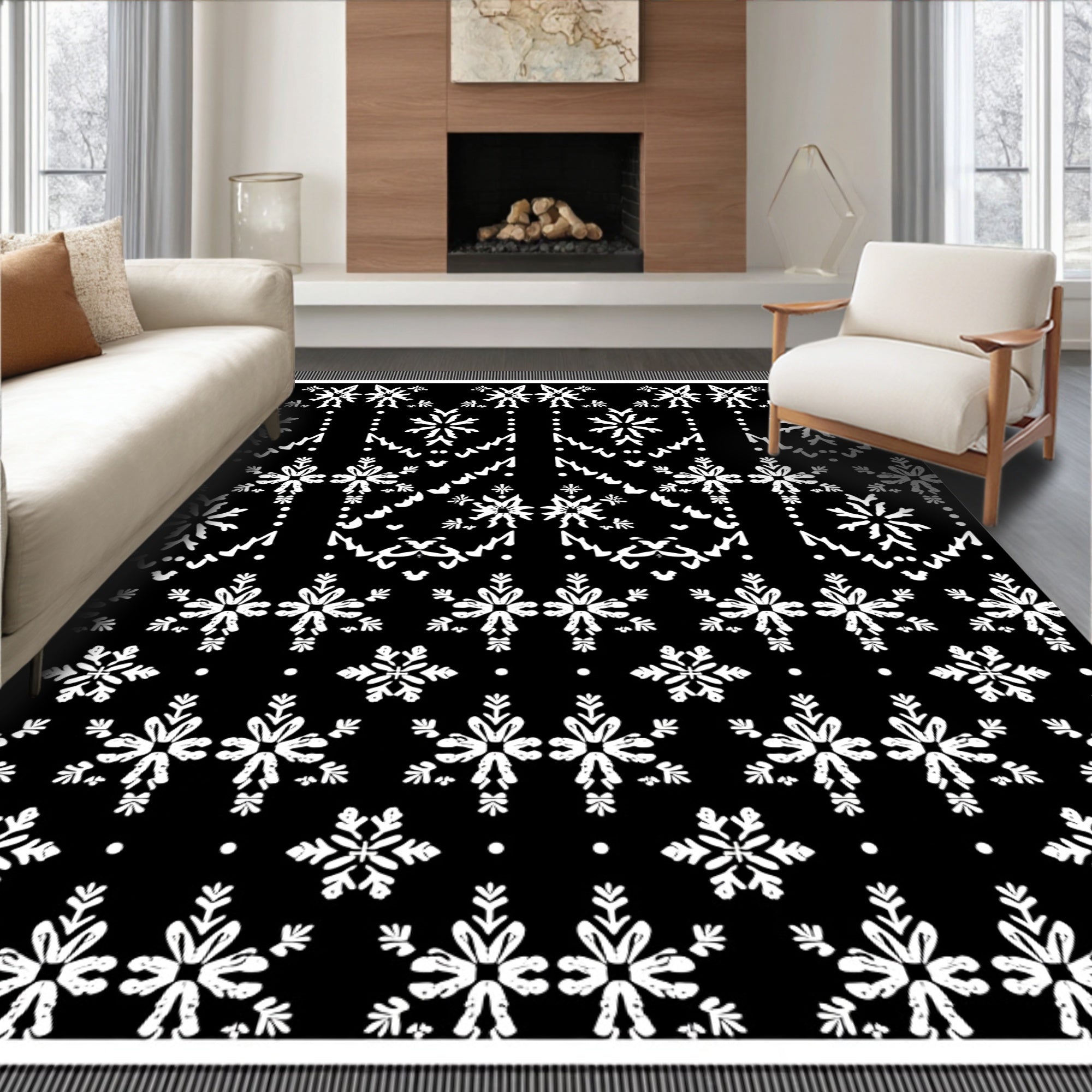 Black White Snowflake Garland Rug