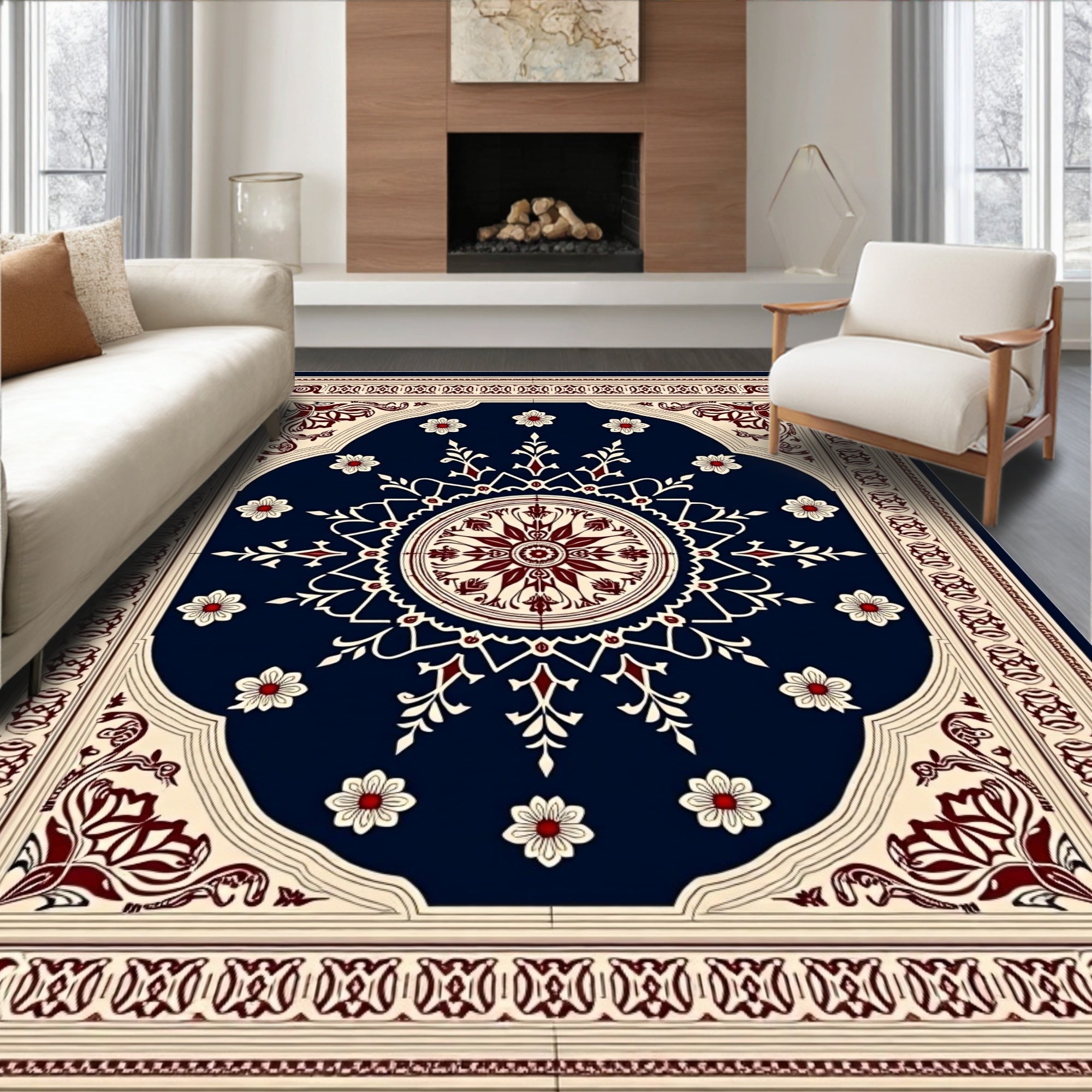 Deep Blue Crimson Floral Medallion Rug